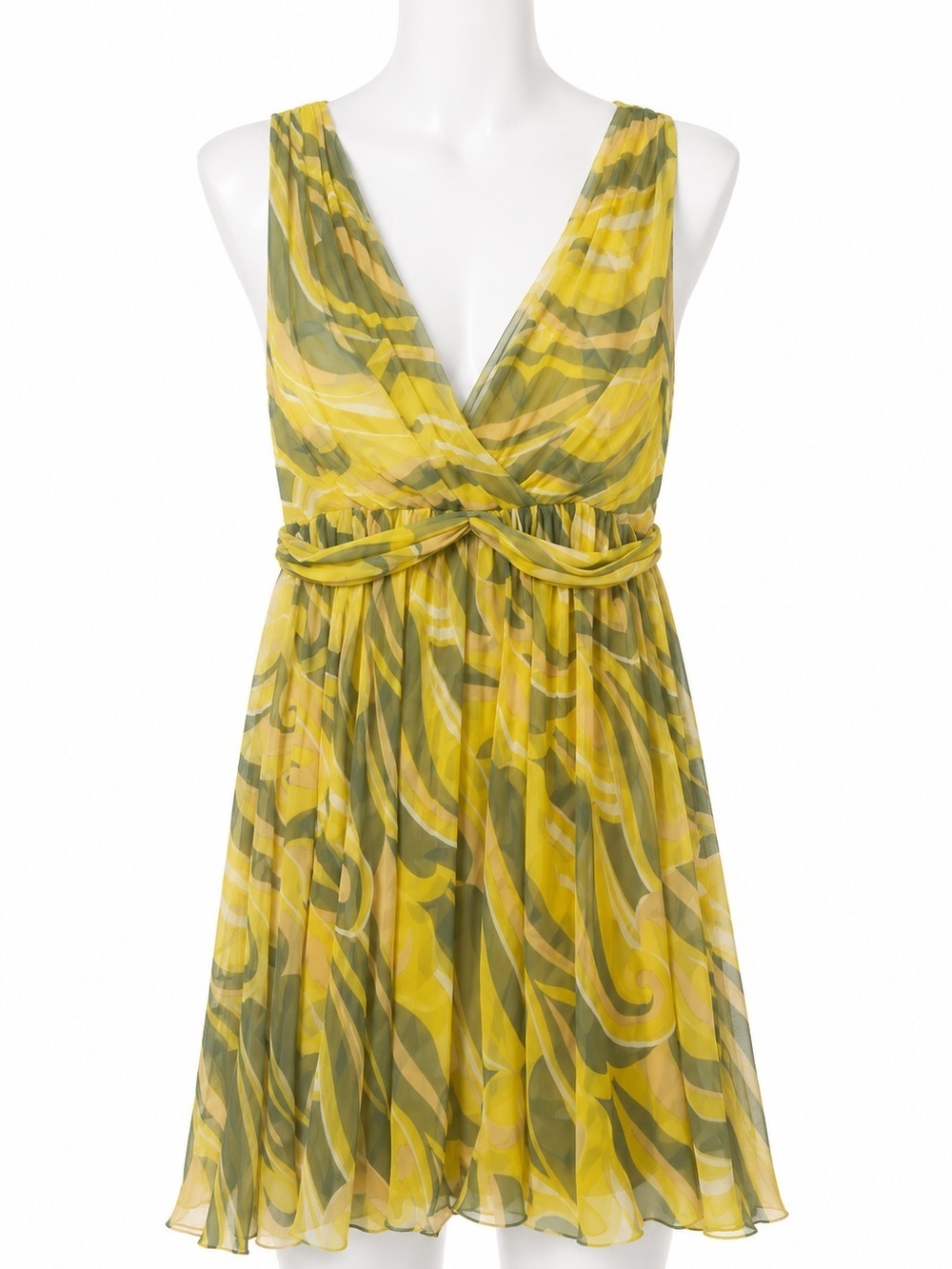 Anthropologie Yellow/Olive/Tan Printed V-Neck Sleeveless Silk Dress.Bust-36 inch